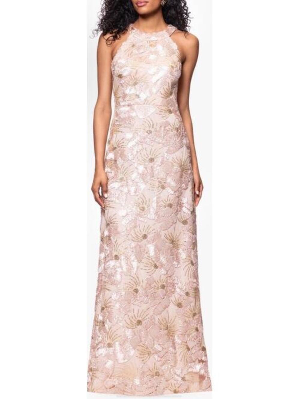 New Betsy & Adam Sequin Floral Sleeveless Gown In Champagne Size 8 $279